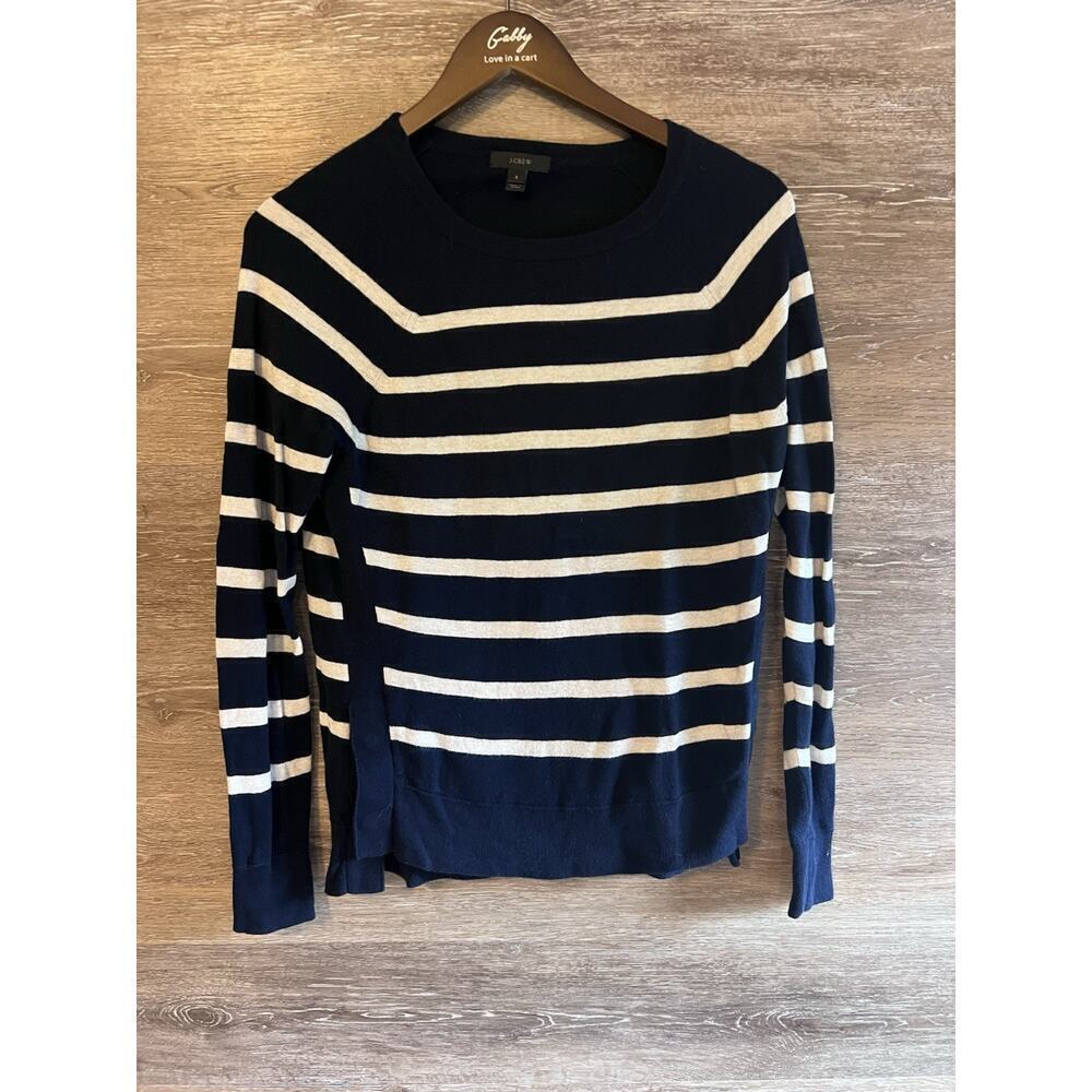J Crew Sweater Sz Small Navy/White Stripe Cotton Crewneck Side Button Nautical